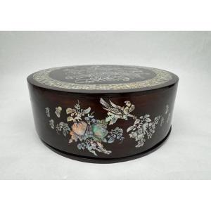 Round Rosewood And Mother-of-pearl Box, Indochina, Late 19th Century, Floral And Bird Decoration