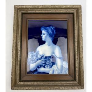 Limoges Enamel Frame, Young Woman With A Bouquet Of Flowers