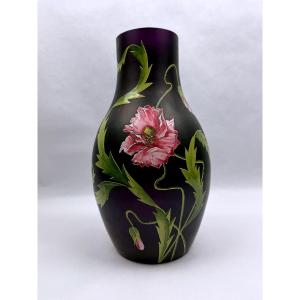 Ferdinand Von Poschinger, Large Iridescent Glass Vase With Swollen Neck And Enamel Decoration