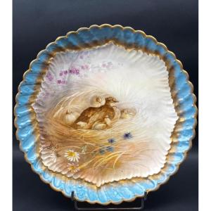 Large Porcelain Dish Signed Rosier – Naturalist Decoration, Late 19th Century