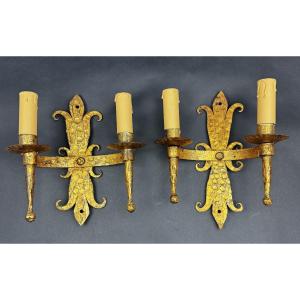 Pair Of Gothic-style Wall Sconces In Gilded Hammered Wrought Iron 