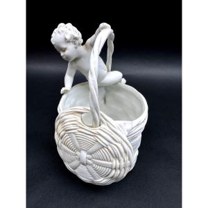 Thuringia Biscuit Porcelain Basket With Putto Decoration, 19th Century