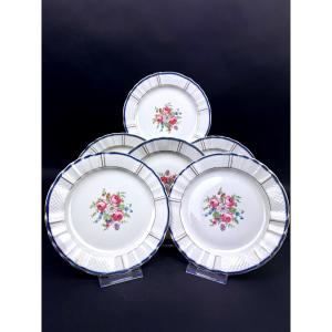 Bernardaud Limoges Set Of Six Dessert Plates With Floral Decoration And Blue/gold Border