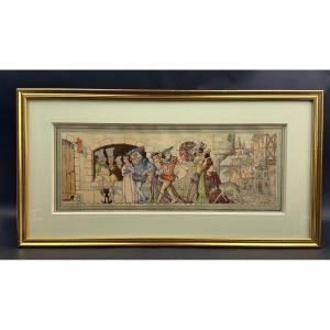 André Reuze Watercolor Medieval Street Scene 