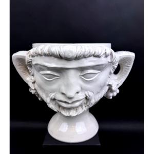  Large White Earthenware Flowerpot With Faun Heads