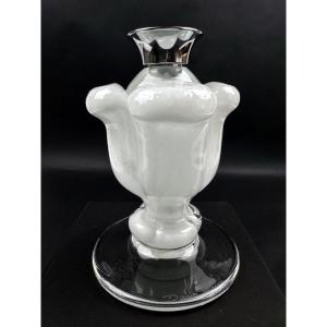 Daum France, Frosted Crystal Candle Holder With Chrome Metal