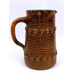  Accolay Pitcher In Brown Glazed Stoneware, Incised Geometric Decoration – Circa 1960