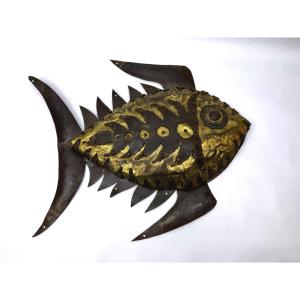Gold Metal And Riveted Iron Fish Wall Sculpture, Brutalist Art