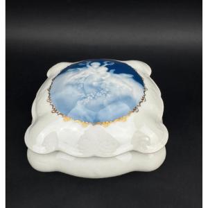 Square Box By Tharaud Limoges, Decorated With Putti In Shades Of Blue