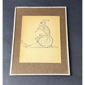 Ink Drawing, Flute Player On A Snail, 1962