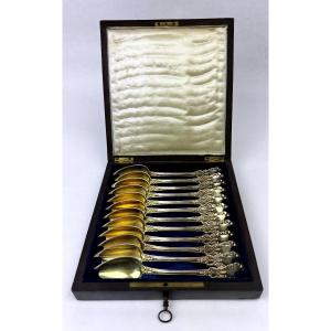 Set Of 12 Silver-gilt Tea Spoons, 19th Century 