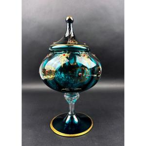 Candy Dish In Blue Glass With Gold Enamel And Red Cabochons