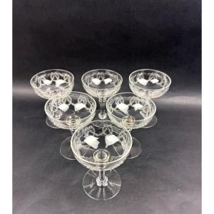 Suite Of 6 Engraved Crystal Champagne Glasses
