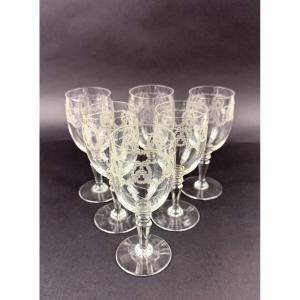 Suite Of 6 Engraved Crystal Port/white Wine Glasses