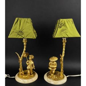 Pair Of Bedside Lamps, Madame, Monsieur, Asian Figures In Bronze