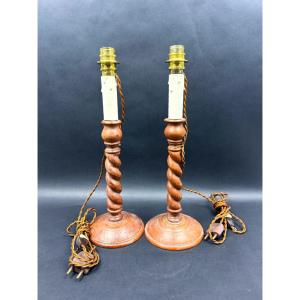 Pair Of English Lamps In Turned Wood