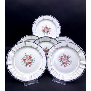 Bernardaud Limoges Suite Of Six Dessert Plates, Floral Design, Blue And Gold Filet