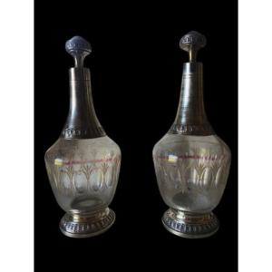 Pair Of Crystal And Silver Decanters (minerva Hallmark)