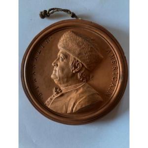 Terracotta Medallion, 1777, Benjamin Franklin By Jean-baptiste Nini.