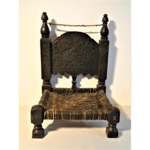 Afghan Low Chair In Wood And Leather, 19th Century