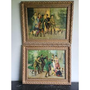 Pair Of Lithographs - The Departure And Return Of The Hunt