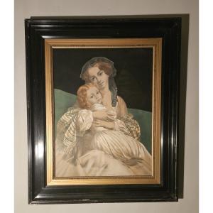 Lithograph "bonheur Maternel" By Pingot After Melle Le Brun