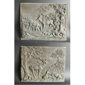 Pair Of Embossed Copper Plaques With Hunting Motifs With Stag And Roe Deer, 19th Century