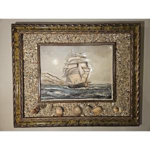Marine Relief Lithograph With A Shell Frame