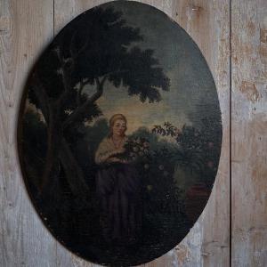 “elegant Woman With Bouquet Of Roses” Oil On Wood Panel 19th Century