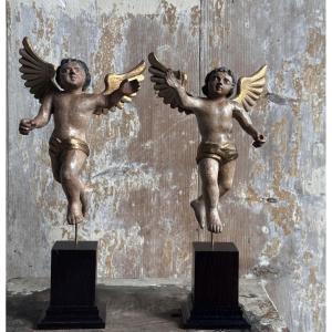 Pair Of Winged Putti, Polychrome Carved Wood/italy, 18th Century