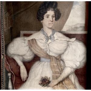 Portrait Of A Romantic Young Woman, Drawing-watercolor/martial Gobert 1834