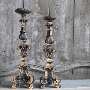 Pair Of Carved Wooden Candlesticks, Italy, 18th Century