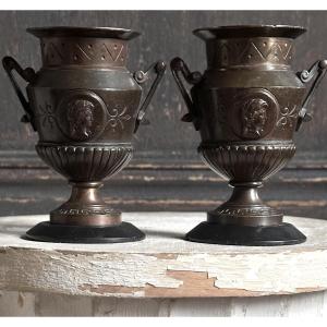 Pair Of Antique Bronze Violet Vases, 19th Century, On Marble Bases