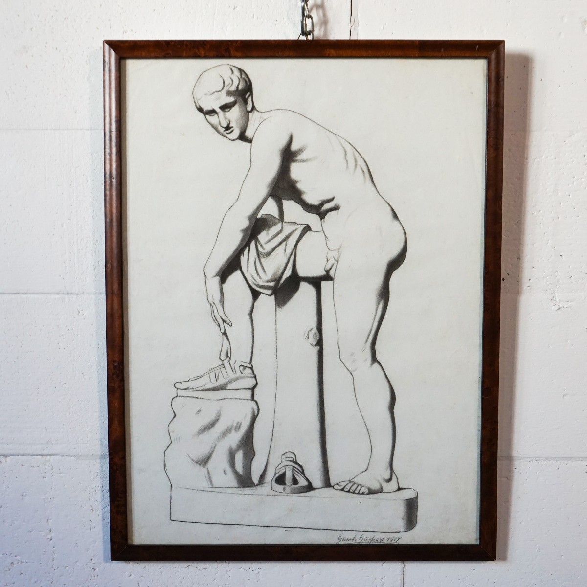 Gaspare Gambi – Ermes che si allaccia il sandalo – Disegno a carboncino firmato, 1907