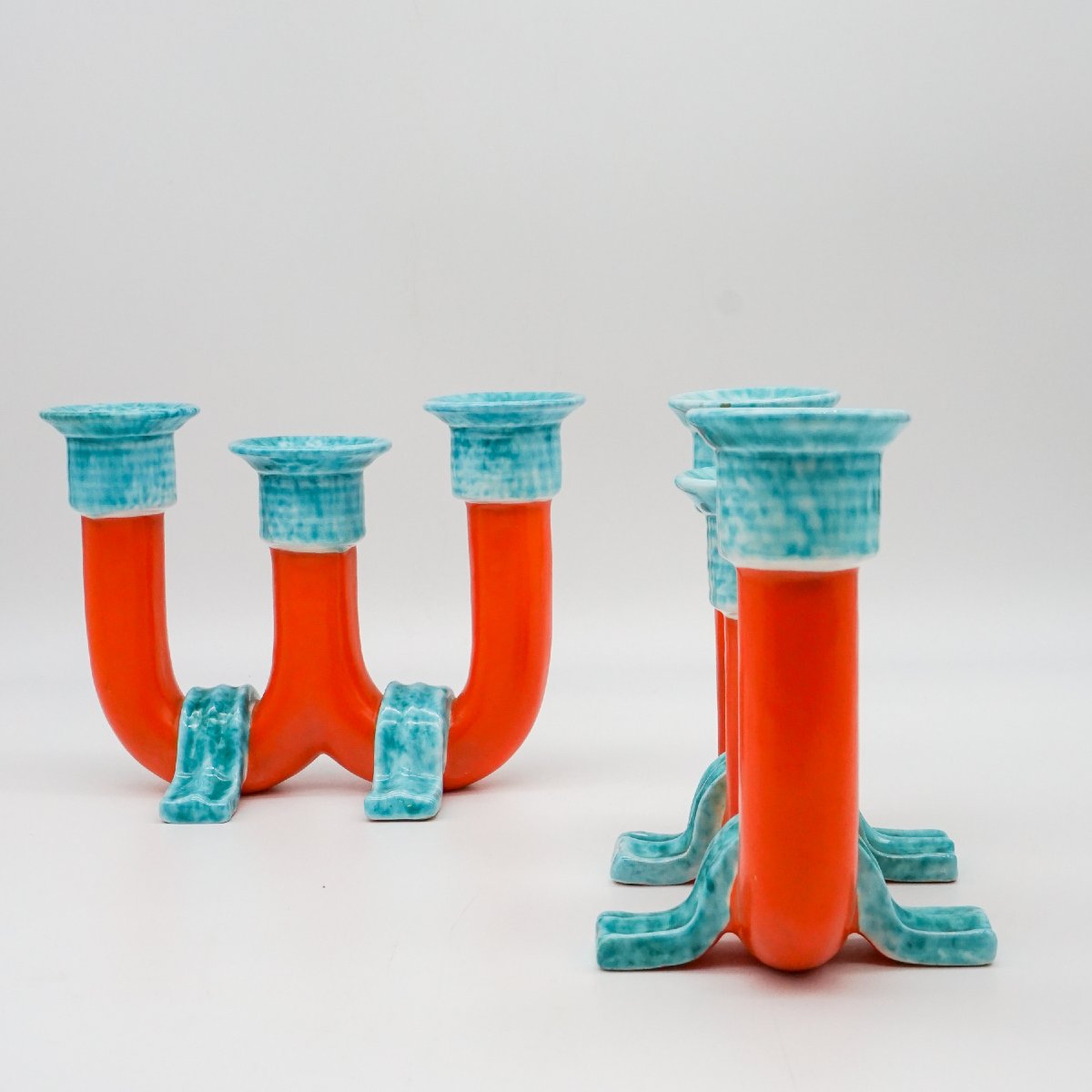 Coppia di candelabri modernisti firmati Rometti Umbertide – Ceramica smaltata bicolore-photo-2