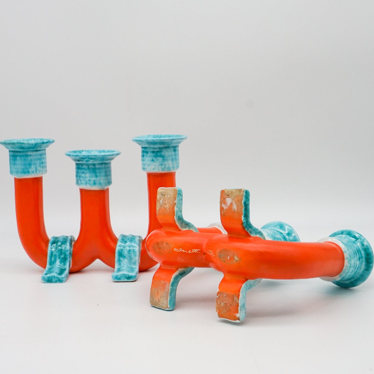Coppia di candelabri modernisti firmati Rometti Umbertide – Ceramica smaltata bicolore-photo-4