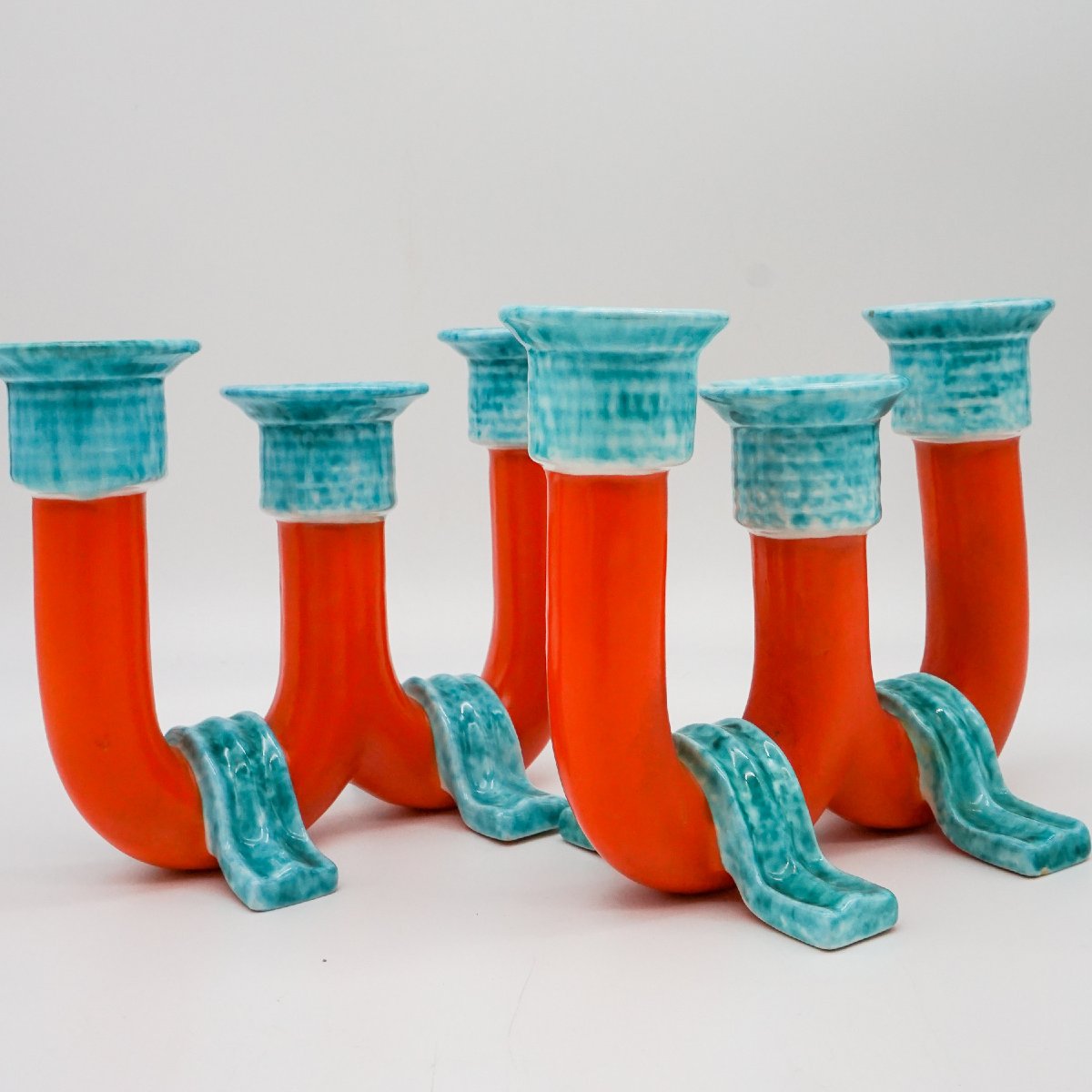 Coppia di candelabri modernisti firmati Rometti Umbertide – Ceramica smaltata bicolore-photo-2