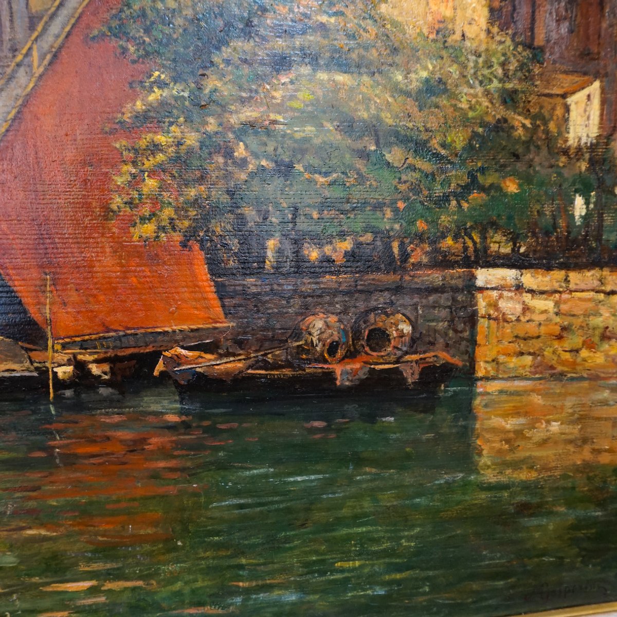 Veduta di Venezia con veliero rosso – Omaggio al Maestro Ciardi, firmato M. Gasparini-photo-2