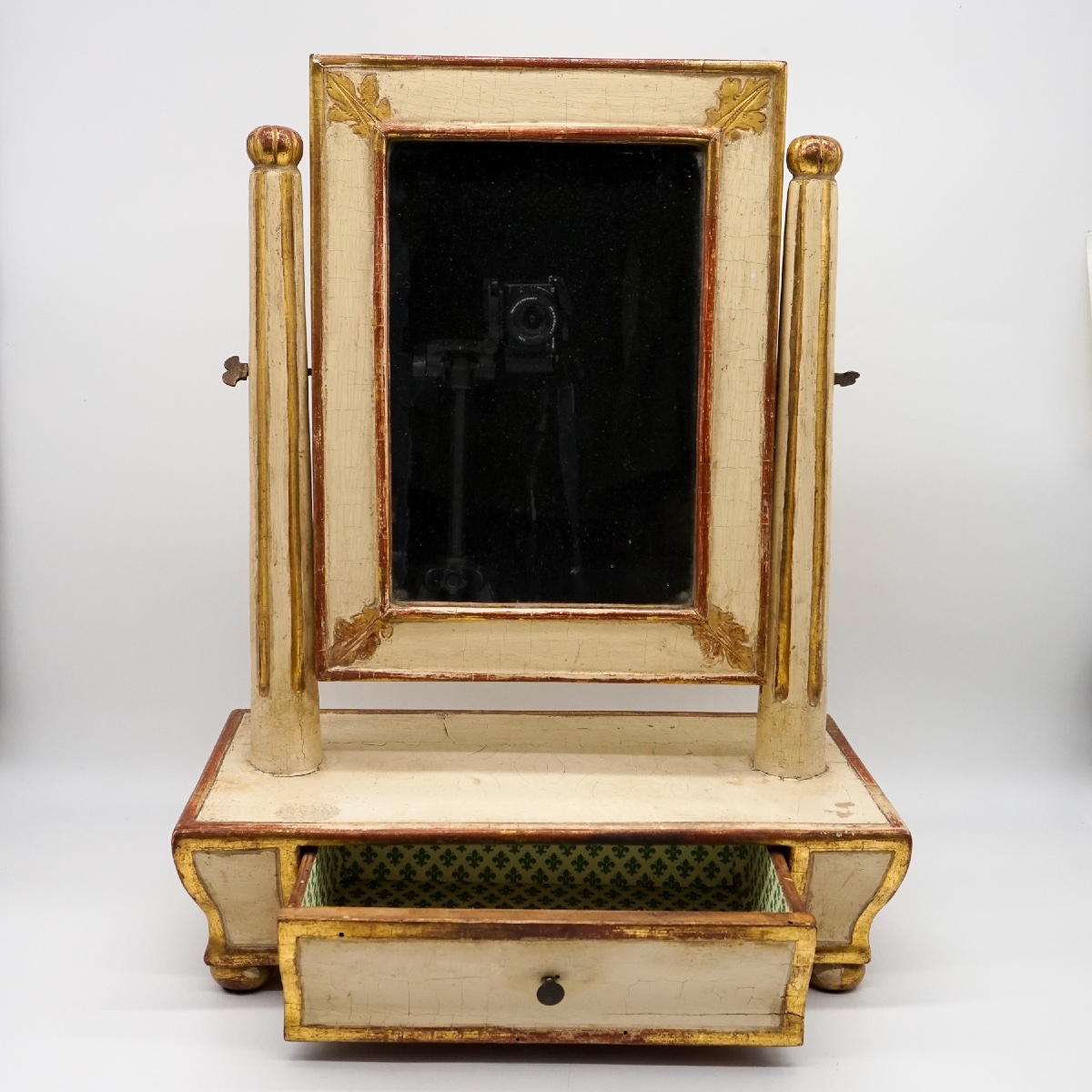Specchiera da tavolo antica in legno laccato e dorato con cassettino – Italia, XIX secolo-photo-2
