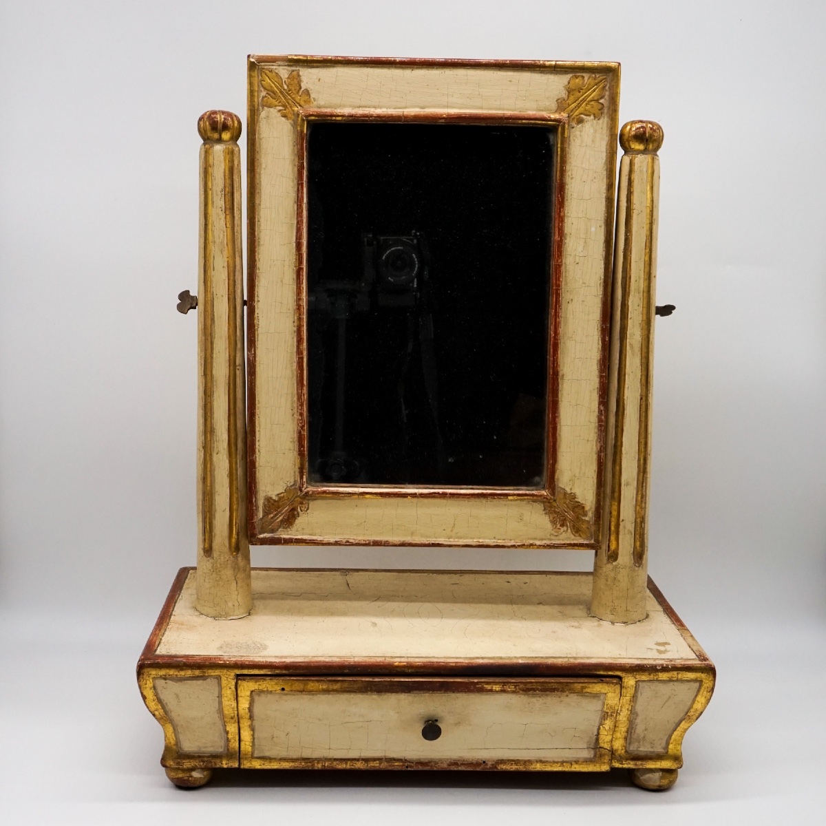 Specchiera da tavolo antica in legno laccato e dorato con cassettino – Italia, XIX secolo-photo-3