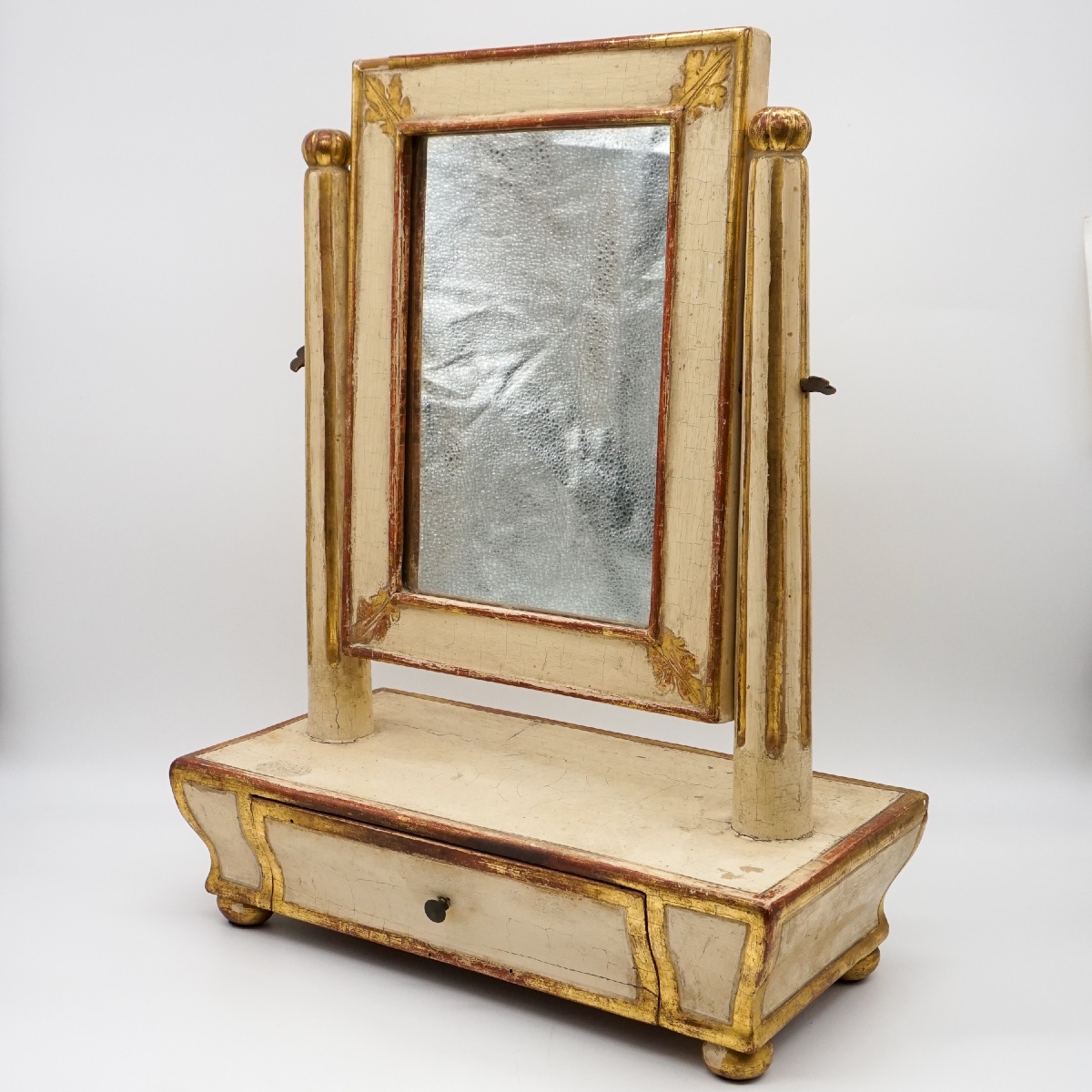 Specchiera da tavolo antica in legno laccato e dorato con cassettino – Italia, XIX secolo