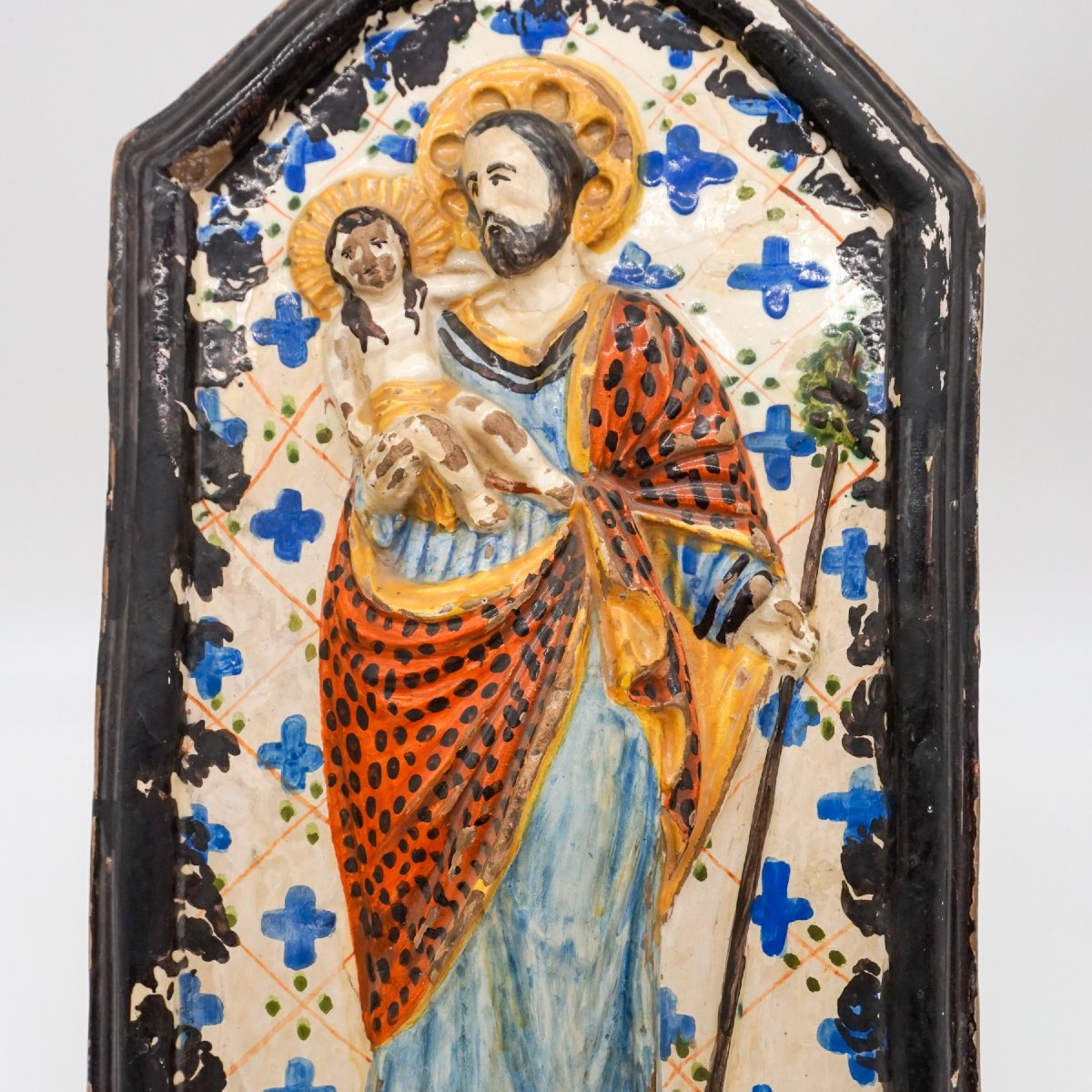 Piastra votiva in terracotta invetriata raffigurante San Giuseppe con Bambino – Italia, XIX sec-photo-4