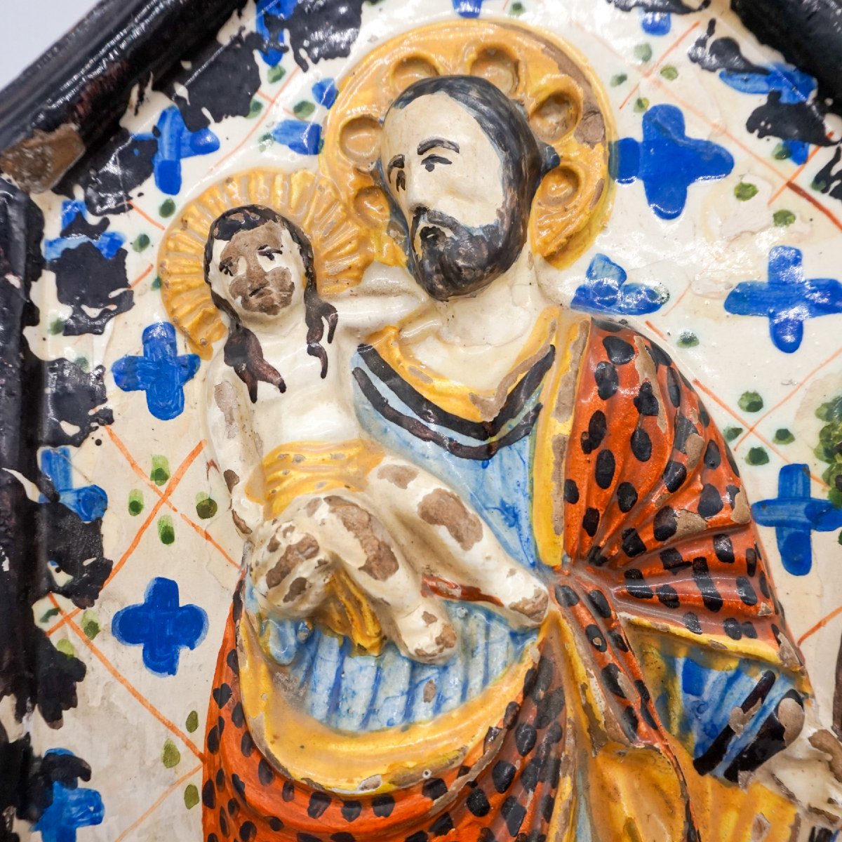 Piastra votiva in terracotta invetriata raffigurante San Giuseppe con Bambino – Italia, XIX sec-photo-1