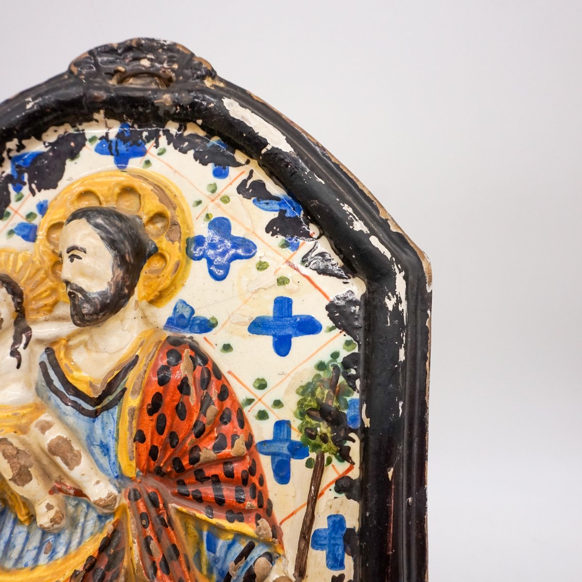 Piastra votiva in terracotta invetriata raffigurante San Giuseppe con Bambino – Italia, XIX sec-photo-3