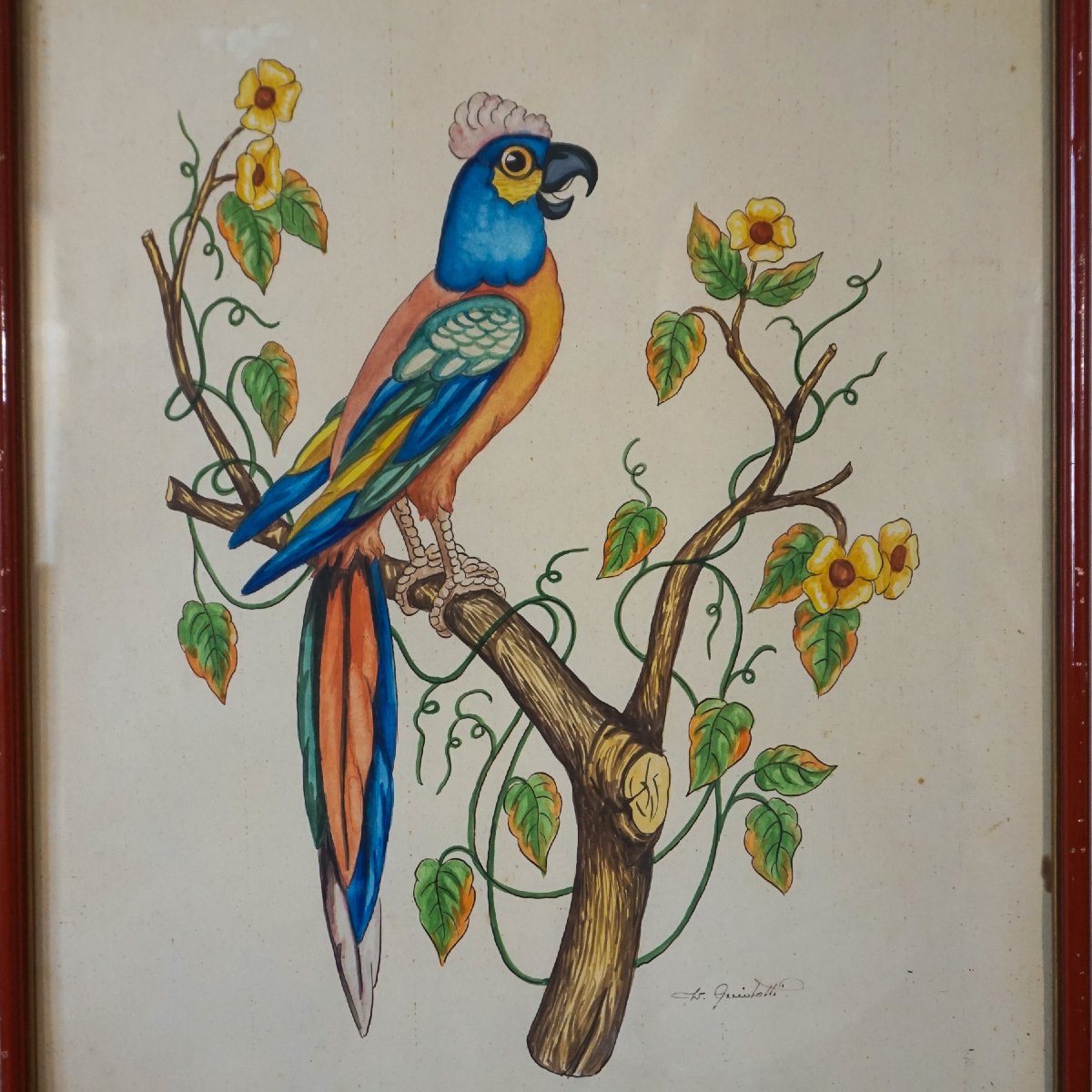 Coppia di acquerelli con pappagalli, firmati – Italia, anni 1950–1970-photo-3