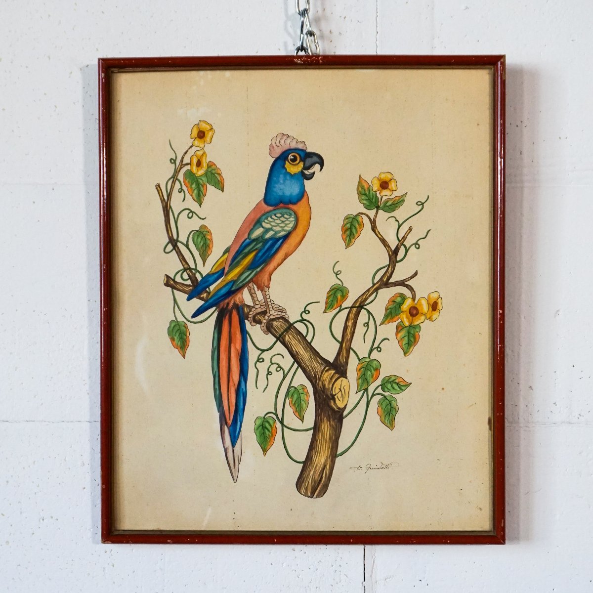 Coppia di acquerelli con pappagalli, firmati – Italia, anni 1950–1970-photo-4
