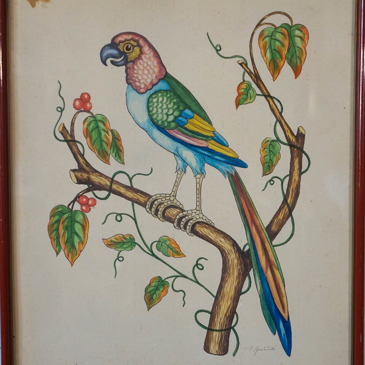 Coppia di acquerelli con pappagalli, firmati – Italia, anni 1950–1970-photo-3