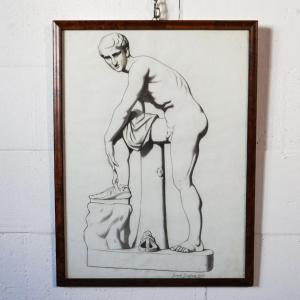 Gaspare Gambi – Ermes che si allaccia il sandalo – Disegno a carboncino firmato, 1907