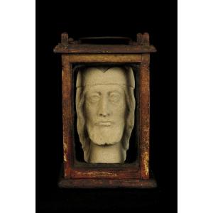 Ancient Yellow Sandstone Sculpture Fragment, Head Of Christ.