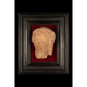 Interesting Vestige Of Sculpture, Face Of Christ. Sculpture Made In Alsace Sandstone